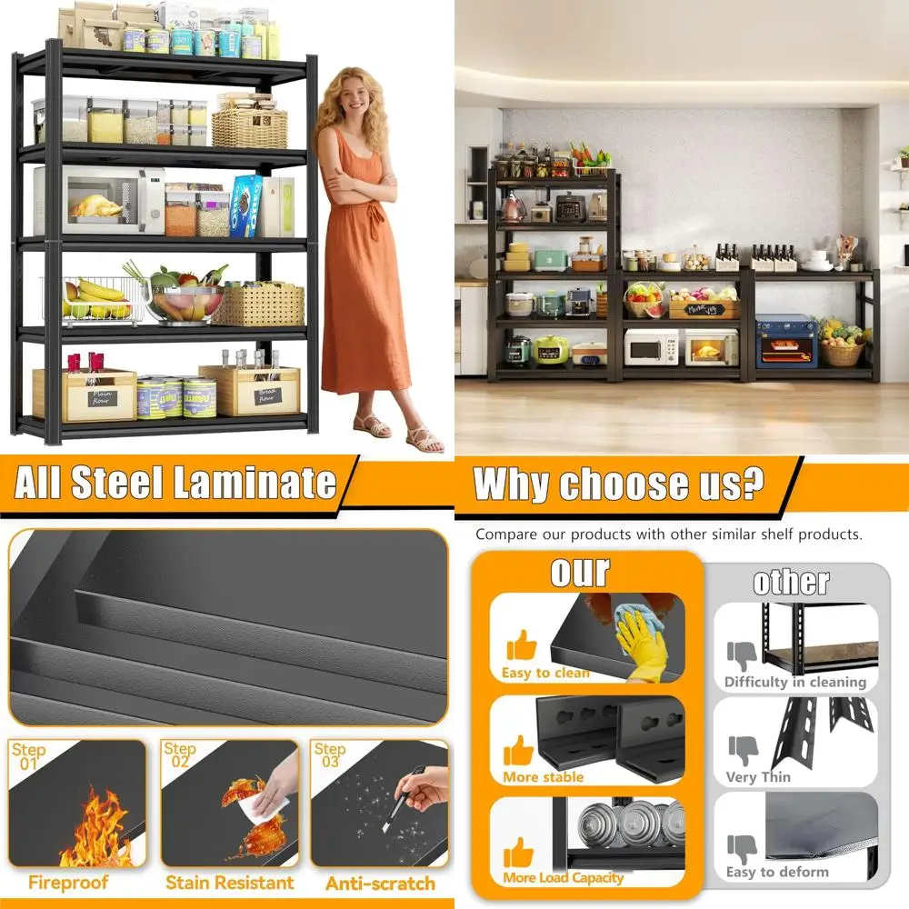 5-Tier Heavy-Duty Metal Storage Shelves, Adjustable and Detachable, 2000lbs Capacity, Utility Organizer for Home and Office Use
5-Tier Heavy-Duty Metal Storage Shelves, Adjustable and Detachable, 2000lbs Capacity, Utility Organizer for Home and Office Use