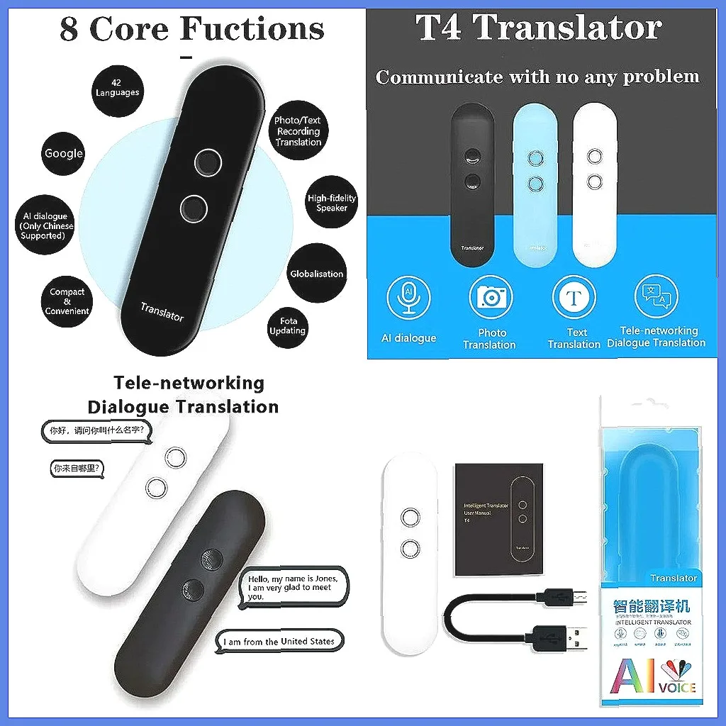 T4 Portable 40 Languages Two-Way Instant Voice Translator, Real-Time Translation via APP & Bluetooth
T4 Portable 40 Languages Two-Way Instant Voice Translator, Real-Time Translation via APP & Bluetooth