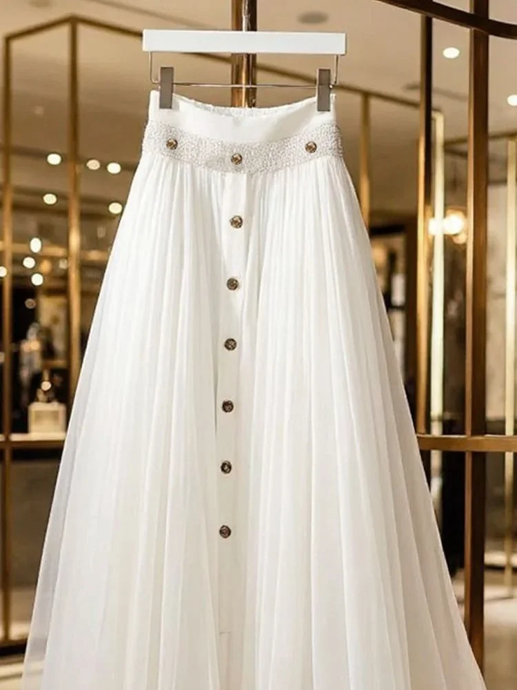 High-end British Style Fluffy Skirt White Mesh Full Skirts High Waist Patch Sequin Waist Single Breasted Mid Length Casual Sweet
High-end British Style Fluffy Skirt White Mesh Full Skirts High Waist Patch Sequin Waist Single Breasted Mid Length Casual Sweet