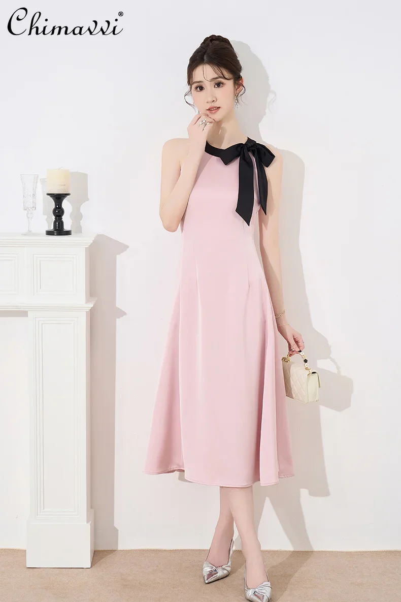 French Elegant Temperament Dress Lace-up Bow Halter Neck Sleeveless Off-Shoulder High Waist Slim A-line Pink Long Dress Women
French Elegant Temperament Dress Lace-up Bow Halter Neck Sleeveless Off-Shoulder High Waist Slim A-line Pink Long Dress Women