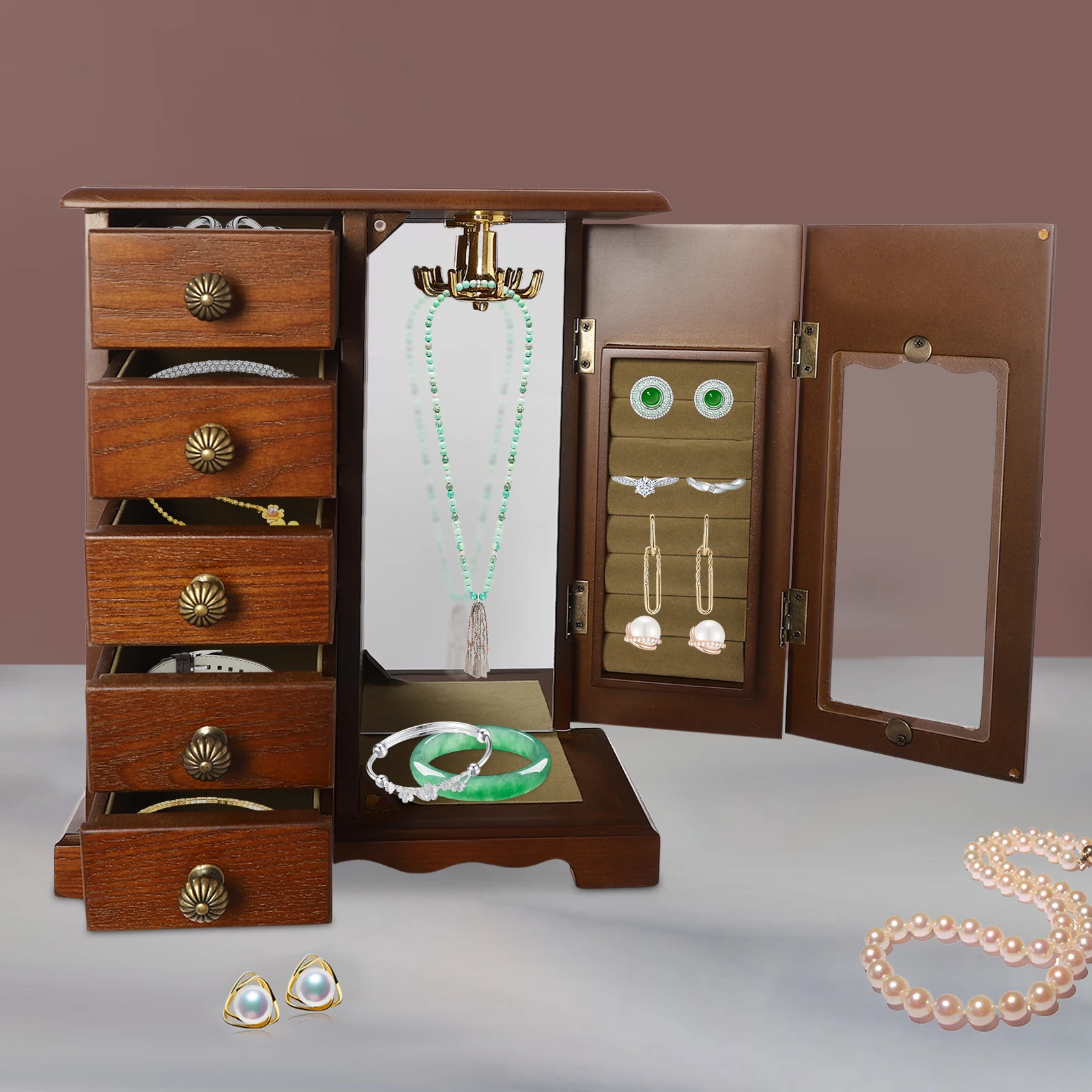 5 Drawers Vintage Wooden Jewelry Organizer Box Tabletop Desktop Storage Case Veneer Density Board Glass Metal for Ring Earring Necklace Bracelet
5 Drawers Vintage Wooden Jewelry Organizer Box Tabletop Desktop Storage Case Veneer Density Board Glass Metal for Ring Earring Necklace Bracelet