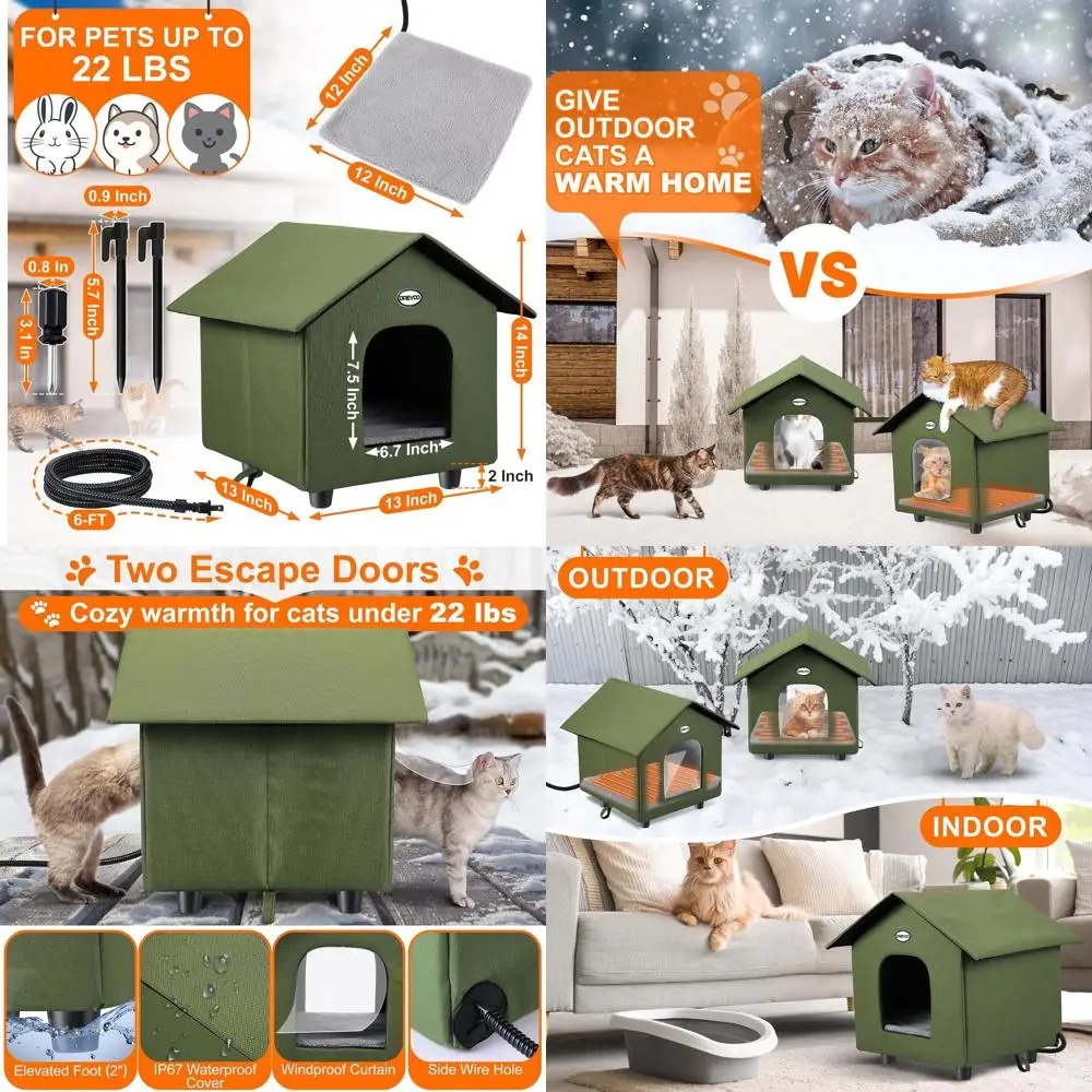 Weatherproof Heated Cat Shelter, Foldable Outdoor House with Warm Bed for Feral Cats, 2-Door Green Tent
Weatherproof Heated Cat Shelter, Foldable Outdoor House with Warm Bed for Feral Cats, 2-Door Green Tent