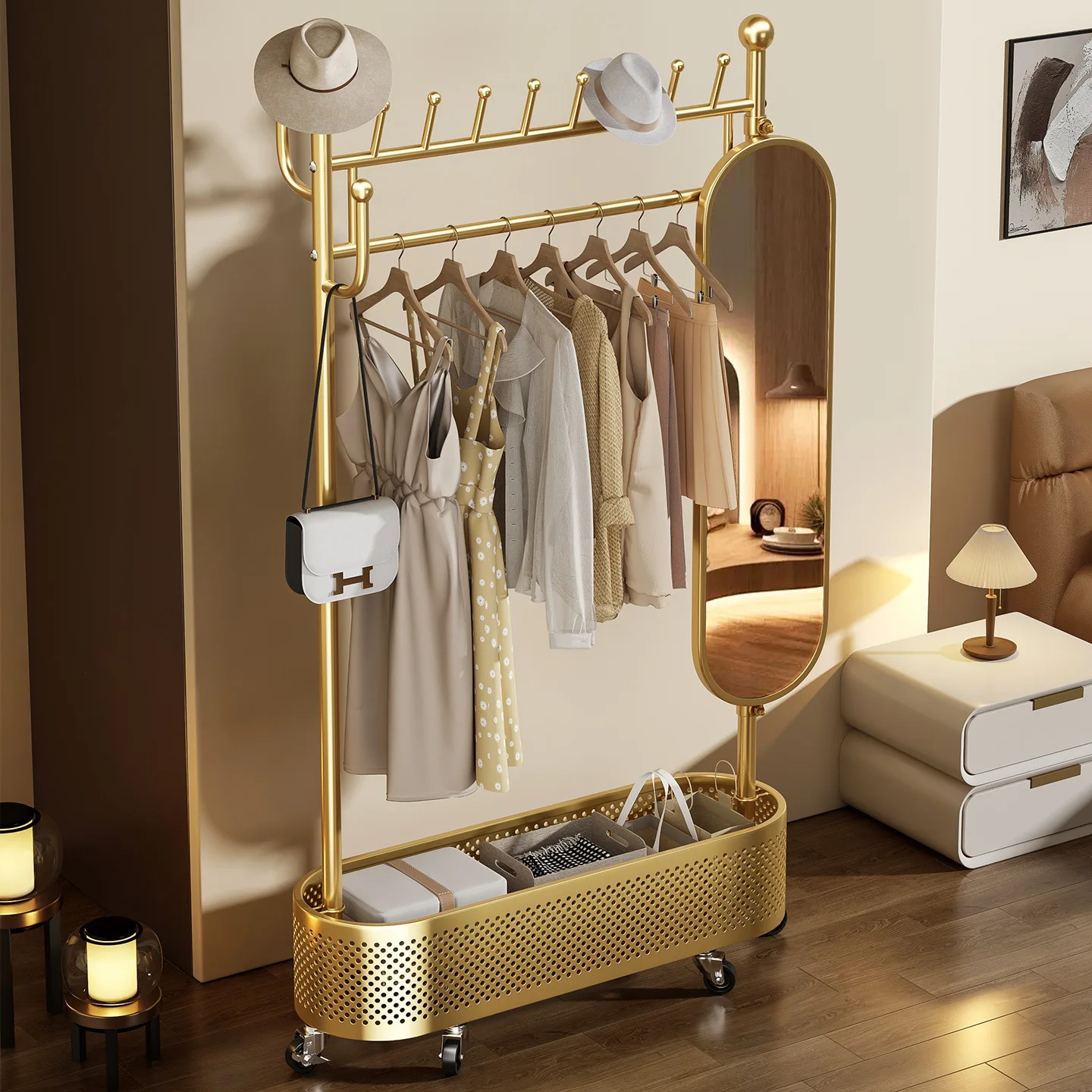 Bedroom coat rack Floor-to-ceiling removable hanger Indoor integrated household hanger with mirror Light luxury
Bedroom coat rack Floor-to-ceiling removable hanger Indoor integrated household hanger with mirror Light luxury