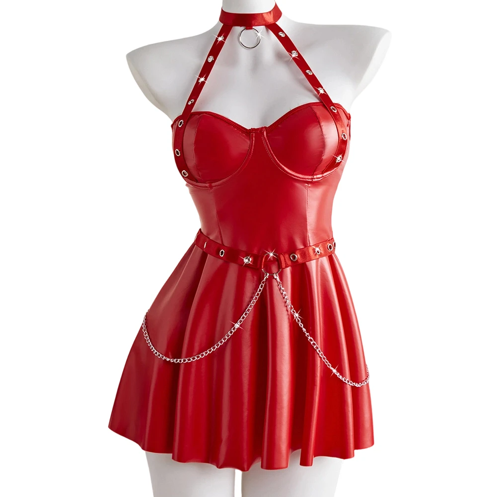 Underwear Lingerie Women Halter Neck Dress Faux Pu Leather Backless Short Exotic Dress Metal Chain Decor
Underwear Lingerie Women Halter Neck Dress Faux Pu Leather Backless Short Exotic Dress Metal Chain Decor