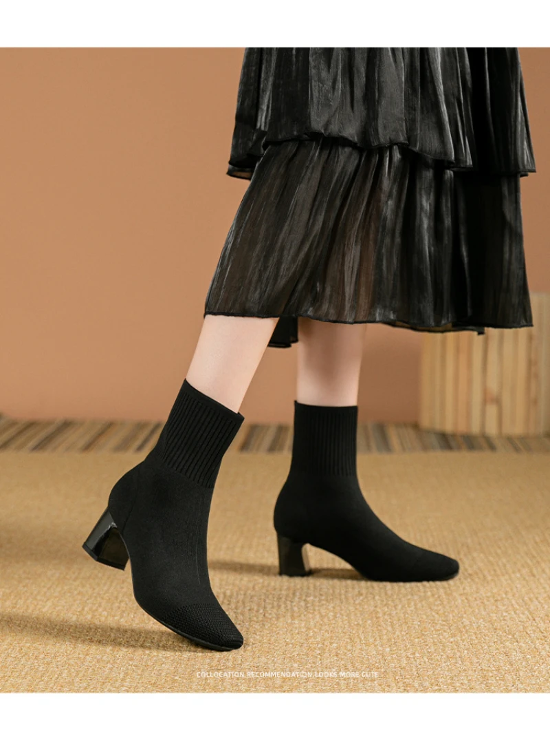 Black Square Toe Knit Sock Boots Elastic Slim Thick Block Heel High Heels Short Boots Fashion Autumn Casual Skinny Ankle Boots 13 S7b4246c1c7a7498683b83f2a6e436381y