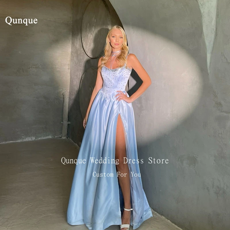 Qunque Sky Blue Evening Dresses Luxury Crystals Spaghetti Straps Satin Vestidos De Noche Slit Lace Up Back Party Gown Customized
Qunque Sky Blue Evening Dresses Luxury Crystals Spaghetti Straps Satin Vestidos De Noche Slit Lace Up Back Party Gown Customized