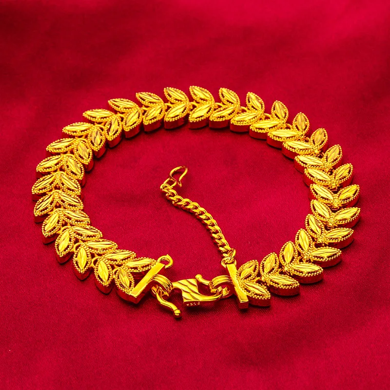 AU999 24K Gold Women's S-Clasp Leaf-Wheat Bracelet - Polished Leaf + Matte Wheat Contrast, Chiseled Dewdrops-Awns
AU999 24K Gold Women's S-Clasp Leaf-Wheat Bracelet - Polished Leaf + Matte Wheat Contrast, Chiseled Dewdrops-Awns