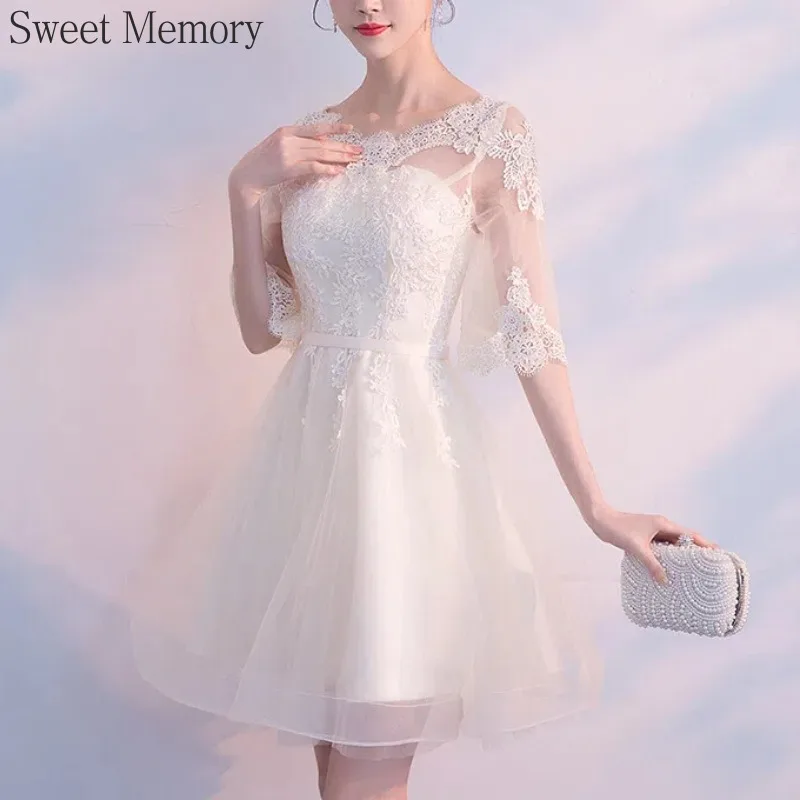 N84 Customized Light Champagne White Short Bridesmaid Dresses Sweet Memory Illusion Lace Half Sleeves Tulle Wedding Guest Dress
N84 Customized Light Champagne White Short Bridesmaid Dresses Sweet Memory Illusion Lace Half Sleeves Tulle Wedding Guest Dress