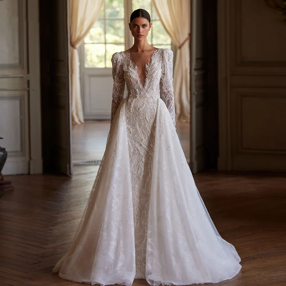 Flavinke Customized Mermaid Wedding Dresses V-Neck Long Sleeve Vestido De Novia Embroidery Detachable Train Made Bridal Gown
Flavinke Customized Mermaid Wedding Dresses V-Neck Long Sleeve Vestido De Novia Embroidery Detachable Train Made Bridal Gown