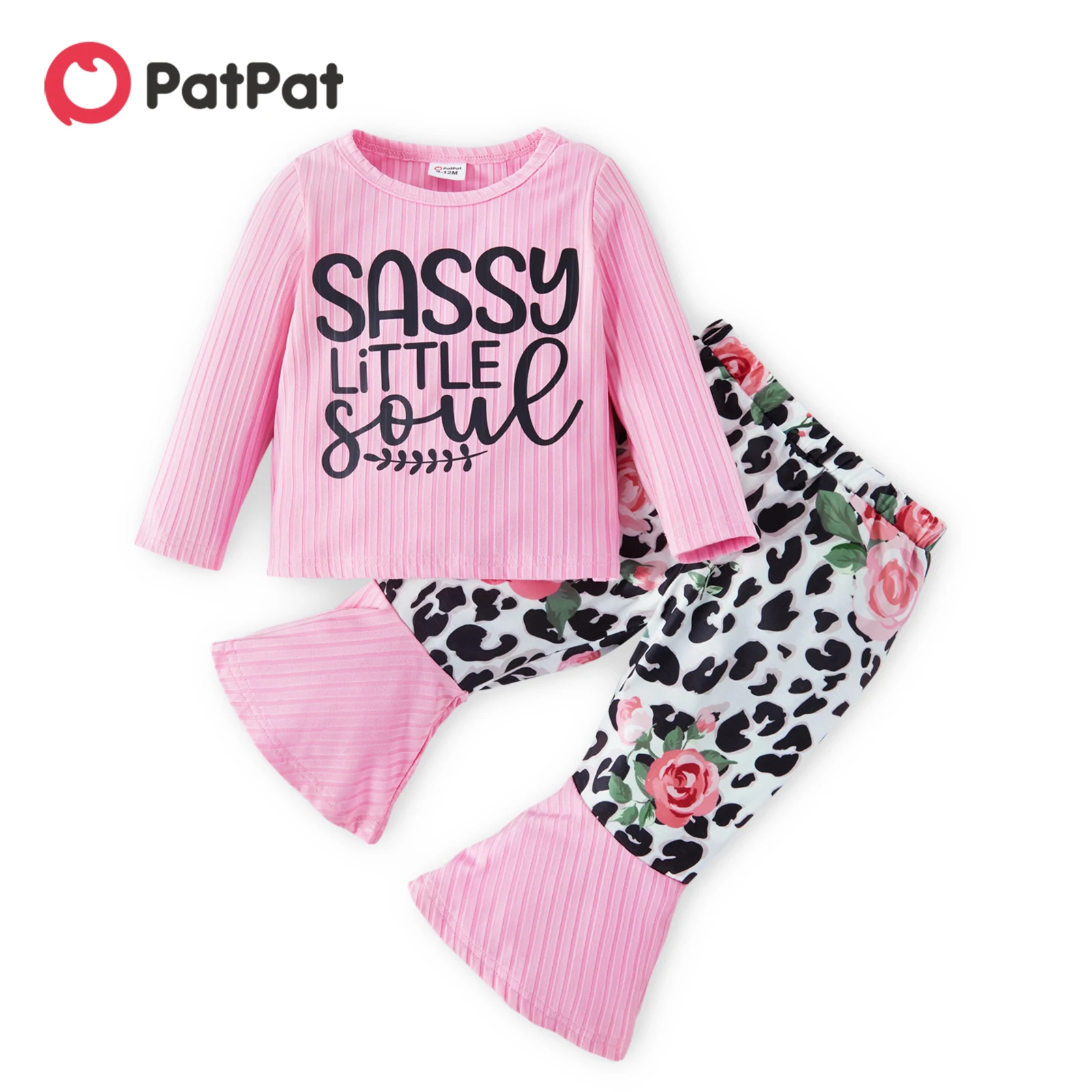 PatPat 2pcs Baby Girl Letter Print Pink Long-sleeve Ribbed Top with Leopard and Floral Print Bell Bottom Pants Set
PatPat 2pcs Baby Girl Letter Print Pink Long-sleeve Ribbed Top with Leopard and Floral Print Bell Bottom Pants Set