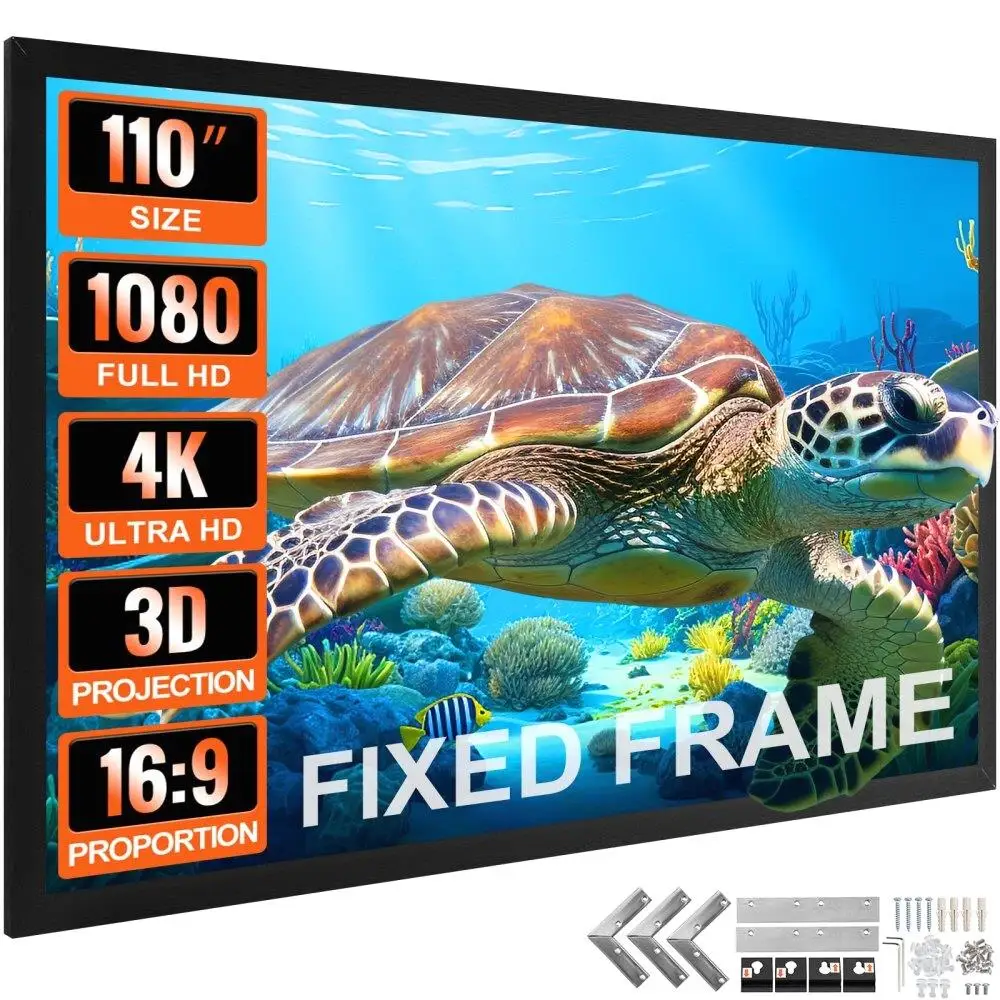 Projector Screen Fixed Frame 110 Inch Diagonal 16x9 4K HD Aluminum Frame Wall Mounted for home Theater Office
Projector Screen Fixed Frame 110 Inch Diagonal 16x9 4K HD Aluminum Frame Wall Mounted for home Theater Office
