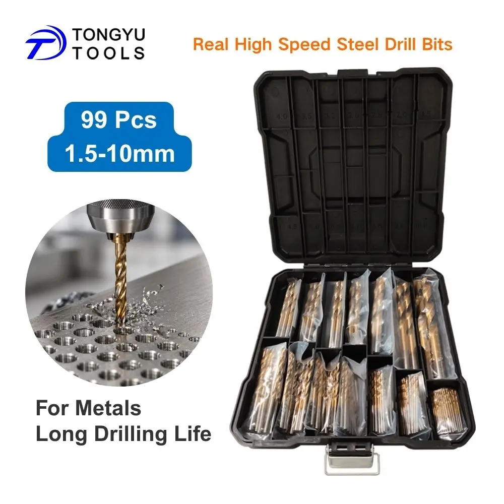99Pcs HSS Drill Bit Set 1.5-10mm Titanium Coated 4241 Twist Drill Bits for Metal Wood Plastic DIY Repair
99Pcs HSS Drill Bit Set 1.5-10mm Titanium Coated 4241 Twist Drill Bits for Metal Wood Plastic DIY Repair