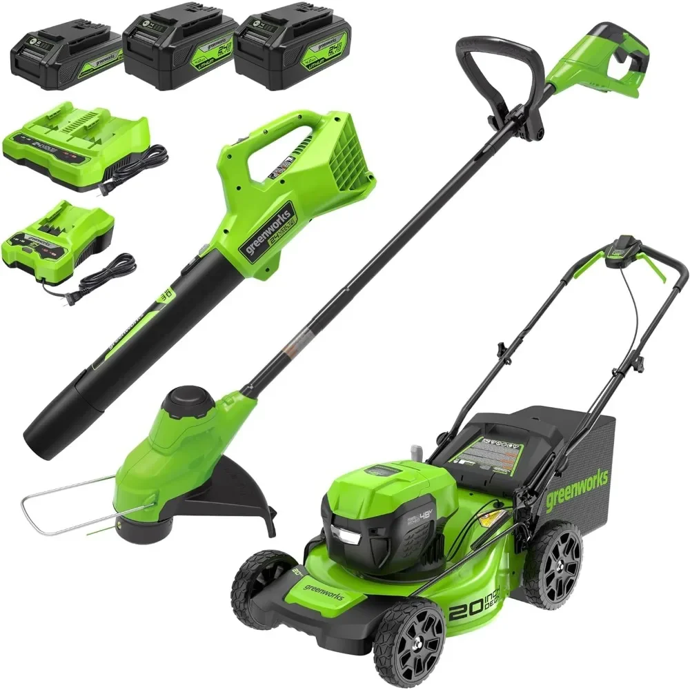 48V (2x24V) 20-Inch Cordless Battery Mower, 12-Inch String Trimmer, and 320 CFM Blower Combo Kit w/ (2) 4.0Ah Batteries
48V (2x24V) 20-Inch Cordless Battery Mower, 12-Inch String Trimmer, and 320 CFM Blower Combo Kit w/ (2) 4.0Ah Batteries