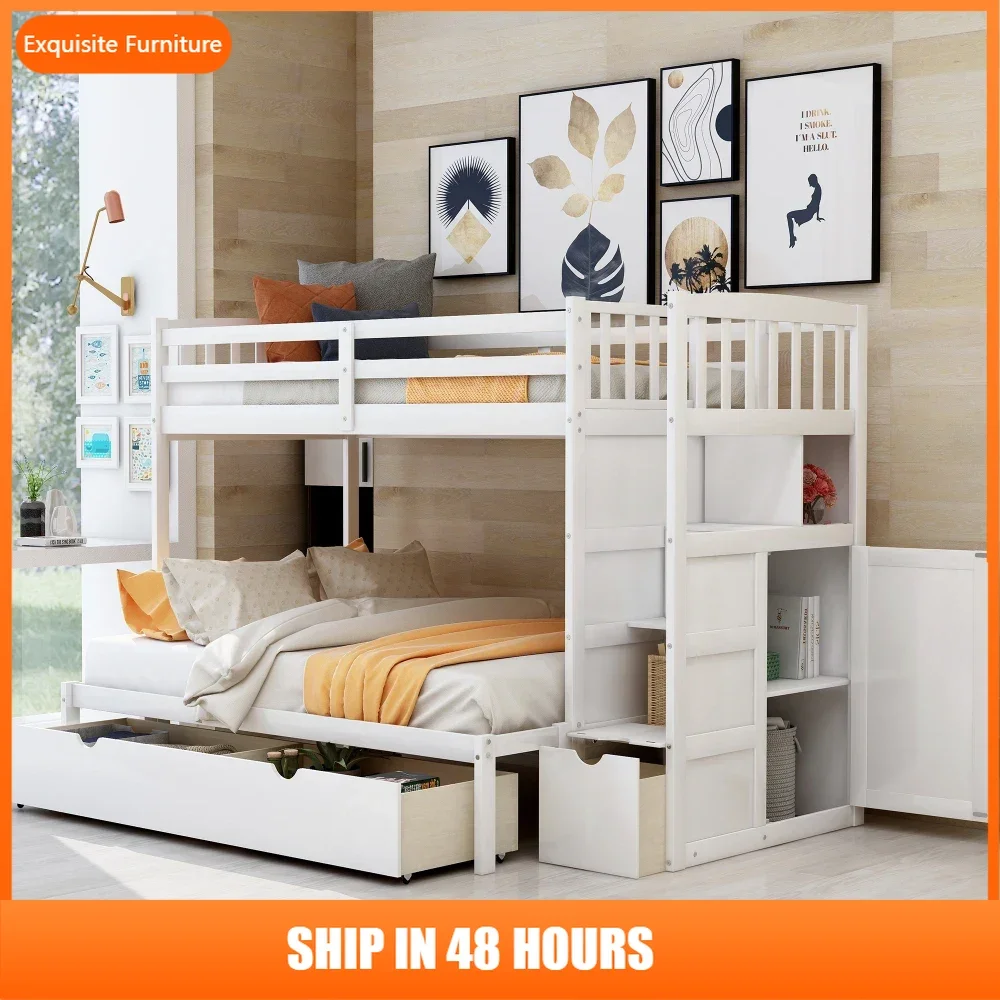 Двухъярусная кровать Twin over Full/Twin, раскладная нижняя кровать, полки для хранения и ящики, белый
Двухъярусная кровать Twin over Full/Twin, раскладная нижняя кровать, полки для хранения и ящики, белый