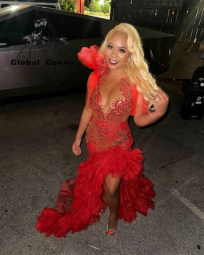 Red O Neck Tassel Long Prom Dress Black Girl Bead Crystal Birthday Luxury Dress Feather Ruffles Party Gown With Split Customized
Red O Neck Tassel Long Prom Dress Black Girl Bead Crystal Birthday Luxury Dress Feather Ruffles Party Gown With Split Customized
