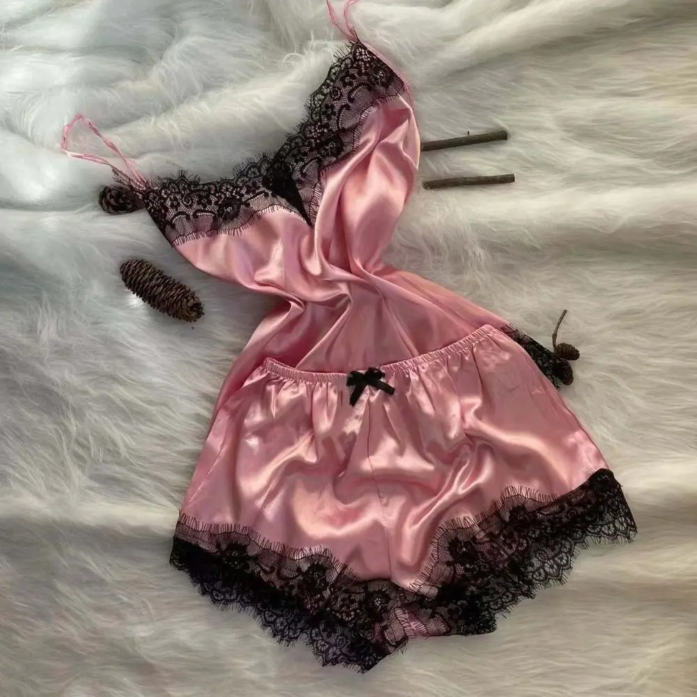Sweet Bowknot Lace Pajama Suit V-Neck Satin Ice Silk Two Pieces Nightwear Loose Sleeveless Shorts Camisole Nightdress Home
Sweet Bowknot Lace Pajama Suit V-Neck Satin Ice Silk Two Pieces Nightwear Loose Sleeveless Shorts Camisole Nightdress Home
