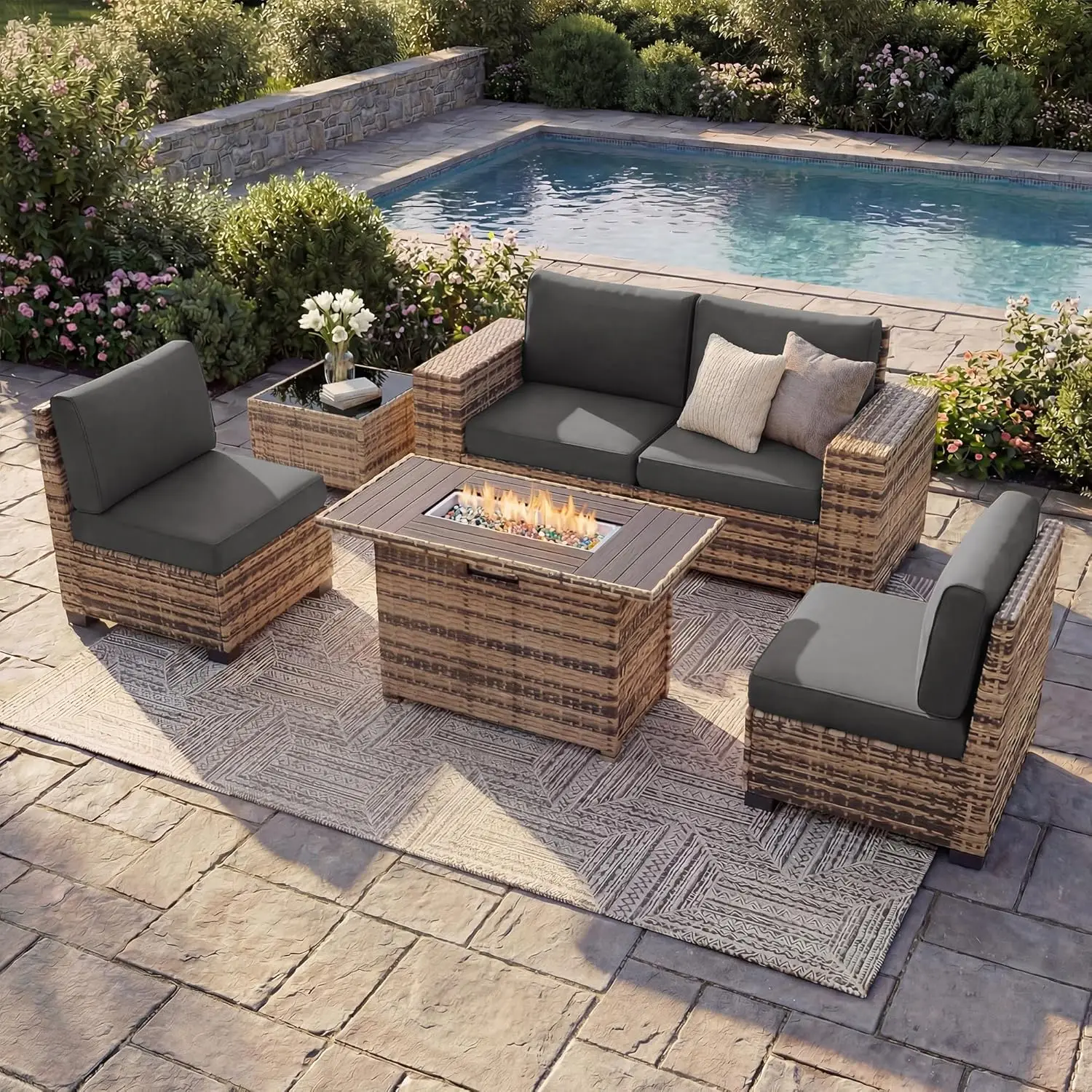 8 Inch Armrest All-Weather Wicker Sectional Sofa Set with Fire Pit Table for Garden Backyard Patio, 6 Piece, Customized
8 Inch Armrest All-Weather Wicker Sectional Sofa Set with Fire Pit Table for Garden Backyard Patio, 6 Piece, Customized