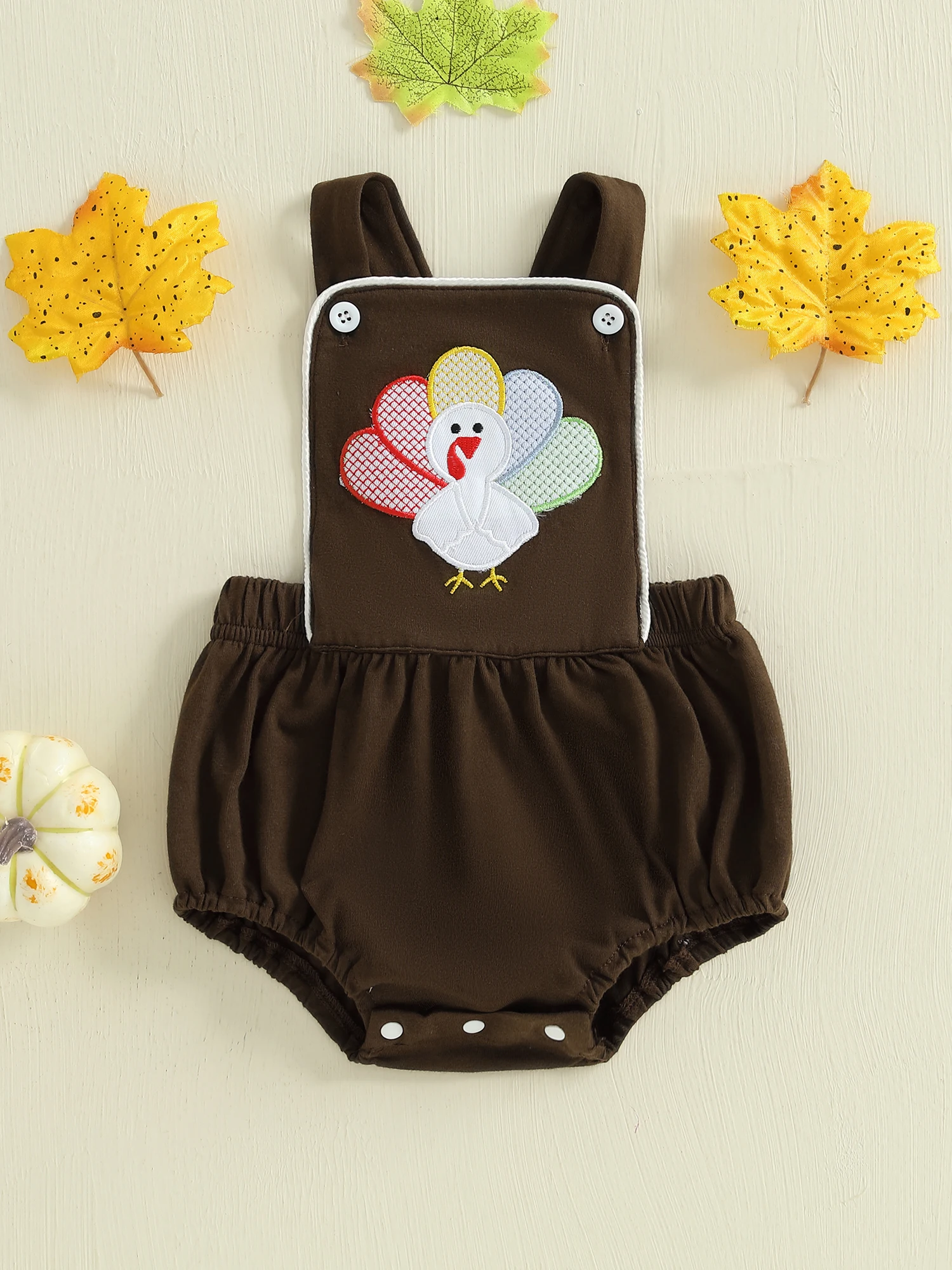 Thanksgiving Turkey Embroidered Baby Girl Romper with Sleeveless Backless Design - Adorable Newborn Outfit for the Holiday
Thanksgiving Turkey Embroidered Baby Girl Romper with Sleeveless Backless Design - Adorable Newborn Outfit for the Holiday