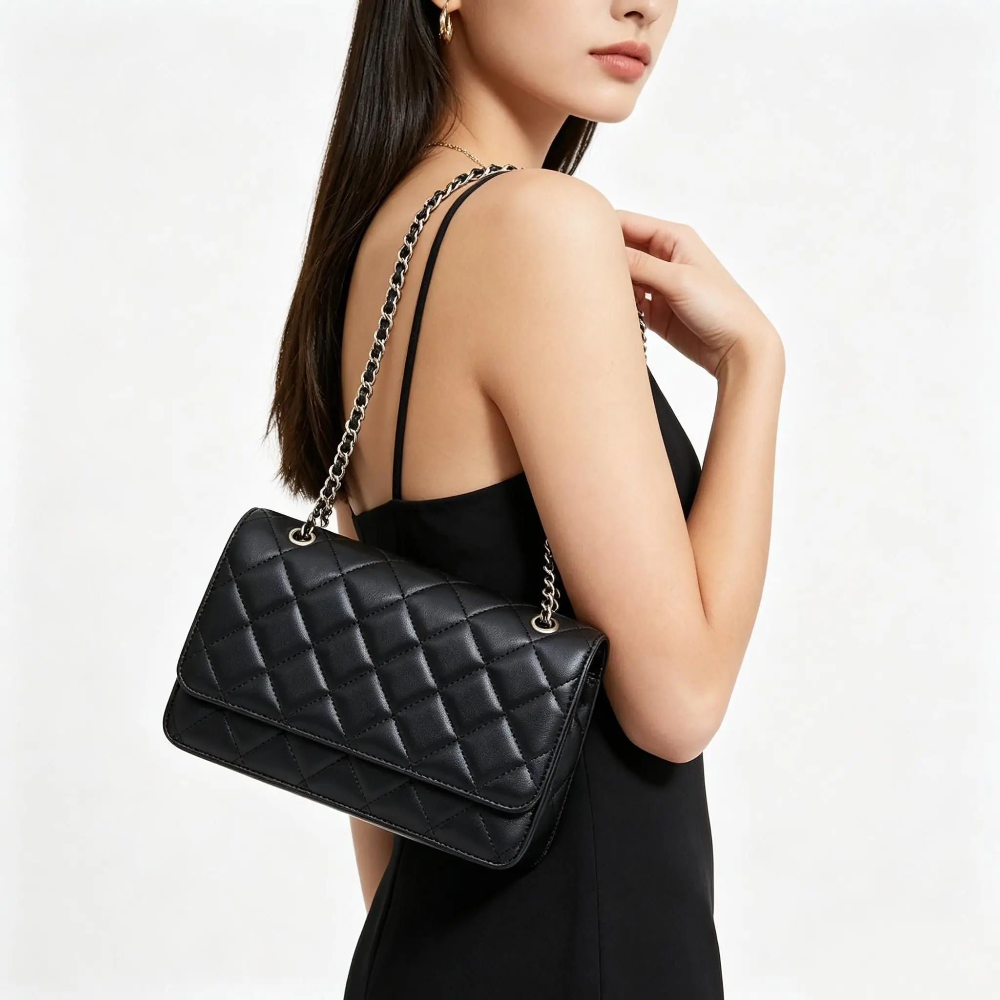 Women's Black Quilted Leather Shoulder BagSilver Chain Crossbody Flap Handbag
Women's Black Quilted Leather Shoulder BagSilver Chain Crossbody Flap Handbag