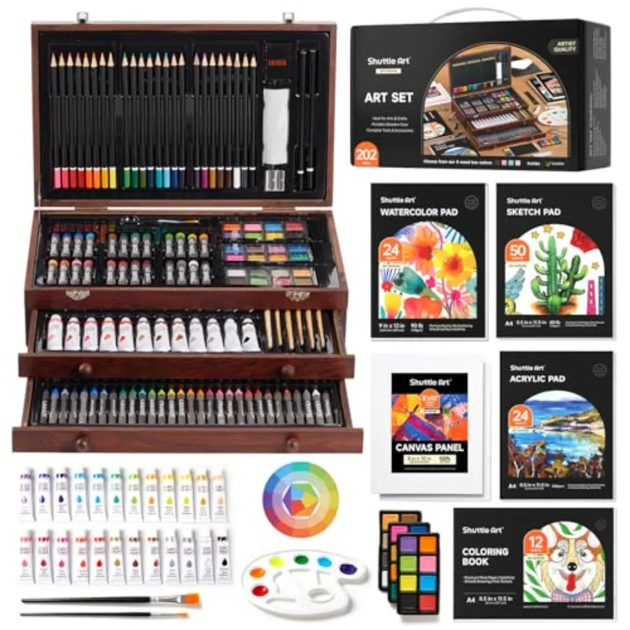 Deluxe Gift Art Kit, 202-Piece Wooden Art Supplies Set with 4 Drawing Pads, Canvases, Coloring Sheets, Acrylic Paint, Crayons,
Deluxe Gift Art Kit, 202-Piece Wooden Art Supplies Set with 4 Drawing Pads, Canvases, Coloring Sheets, Acrylic Paint, Crayons,