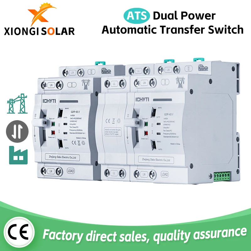 XIONGISOLAR G2R-63 II DIN Rail Mini ATS 63A Automatic Transfer Switch 2P 4P 230V Dual Power Selector Switches for Generator
XIONGISOLAR G2R-63 II DIN Rail Mini ATS 63A Automatic Transfer Switch 2P 4P 230V Dual Power Selector Switches for Generator