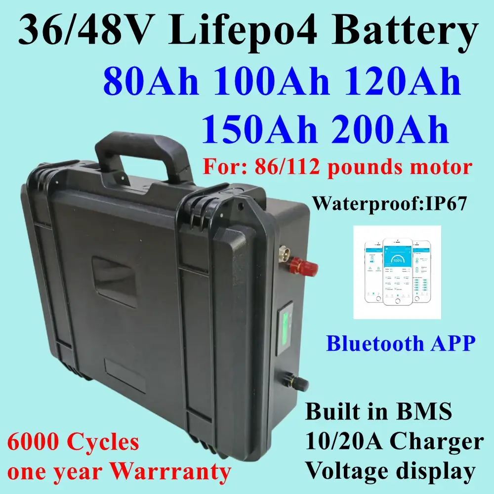 Waterproof Lifepo4 battery pack 36V, 100Ah 200Ah, 48V,100Ah 150Ah, avec BMS, pour 86/112 pound propeller boat motor.+ Charger
Waterproof Lifepo4 battery pack 36V, 100Ah 200Ah, 48V,100Ah 150Ah, avec BMS, pour 86/112 pound propeller boat motor.+ Charger