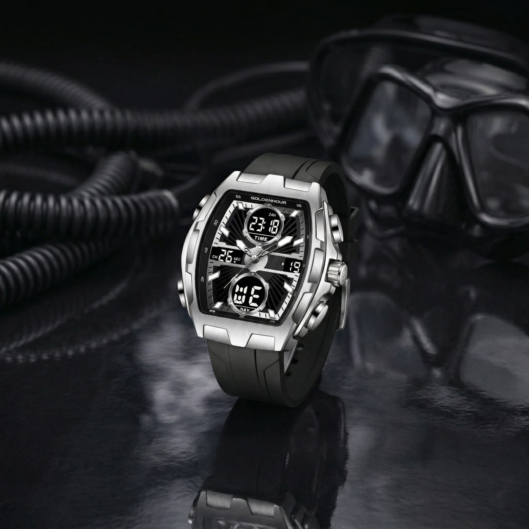 GOLDENHOUR Luxury Men Watch Industrial Style LED Digital Analog Dual Time Waterproof Luminous Quartz Movement Silicone Strap
GOLDENHOUR Luxury Men Watch Industrial Style LED Digital Analog Dual Time Waterproof Luminous Quartz Movement Silicone Strap