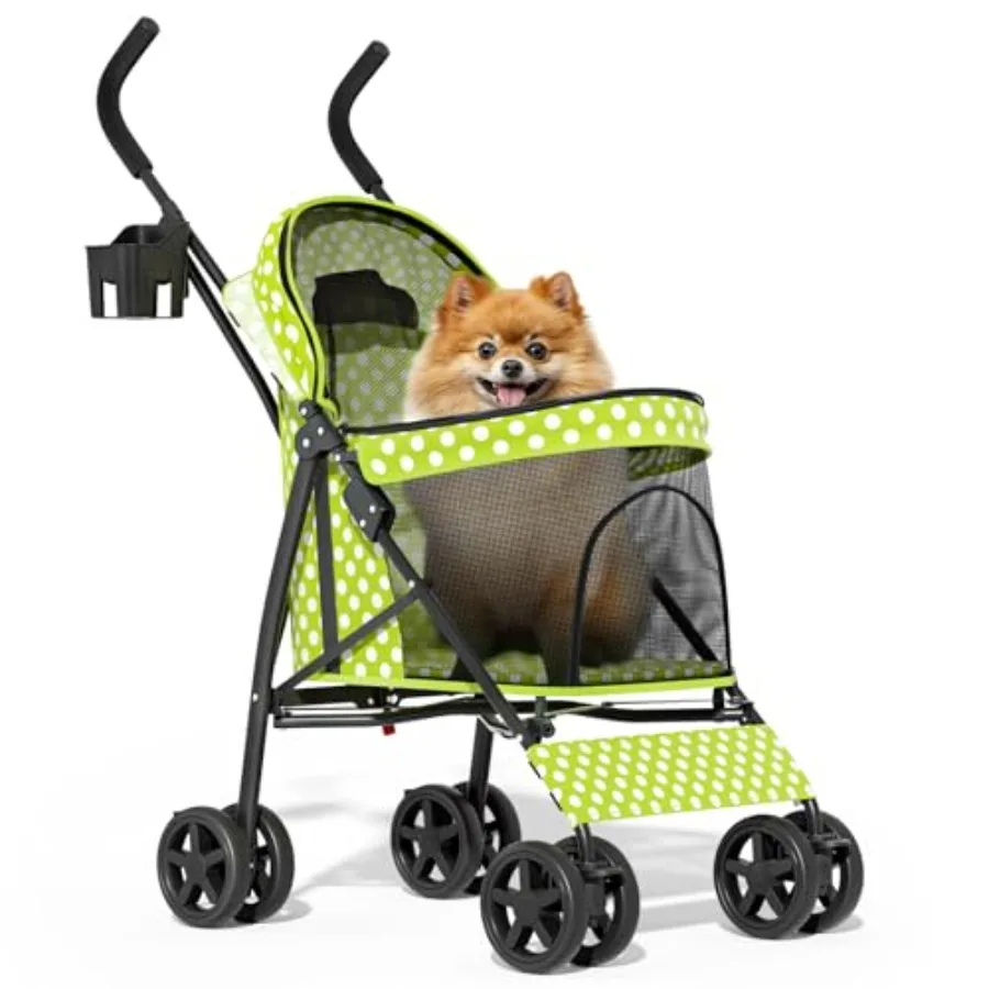 Pet stroller for lawn use, polyester with green polka dots, easy-fold umbrella design, 4-wheel mobility, mesh visibility, inclu
Pet stroller for lawn use, polyester with green polka dots, easy-fold umbrella design, 4-wheel mobility, mesh visibility, inclu
