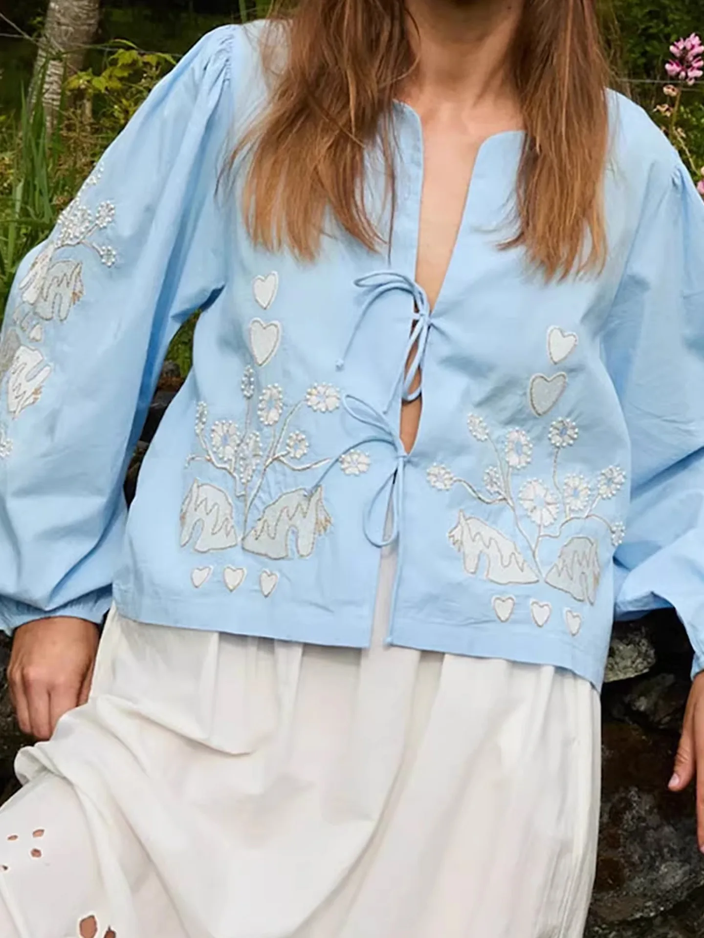 Withered Embroidered Floral Blue Shirt With Lace Up, Gentle And Slimming Top Clothes Shirts & Blouses Women's Clothes Shirts Top
Withered Embroidered Floral Blue Shirt With Lace Up, Gentle And Slimming Top Clothes Shirts & Blouses Women's Clothes Shirts Top
