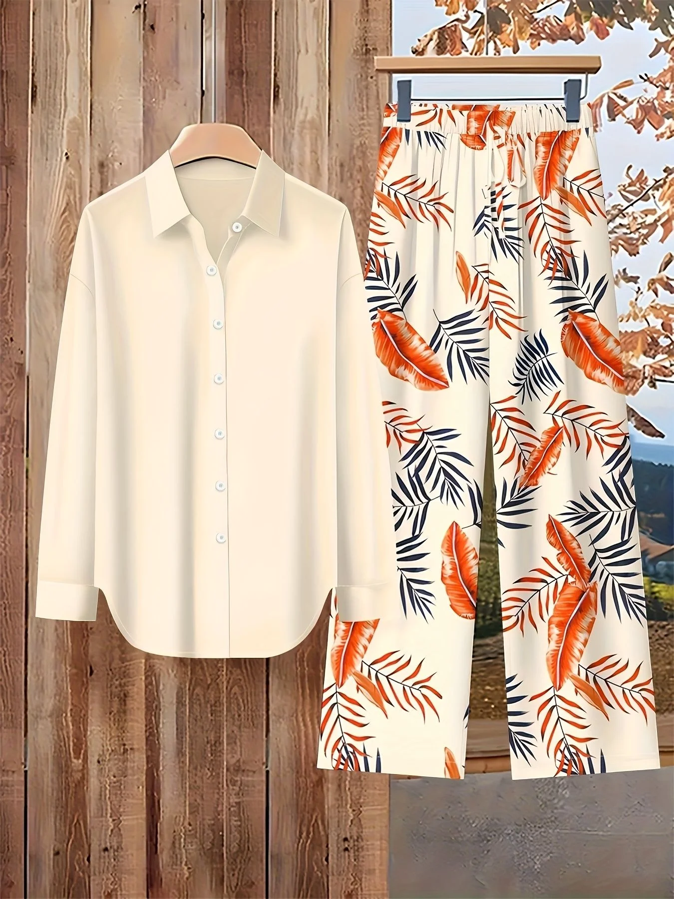 Printed design casual style Orange Blue Leaf Pattern Print button long-sleeve set
Printed design casual style Orange Blue Leaf Pattern Print button long-sleeve set