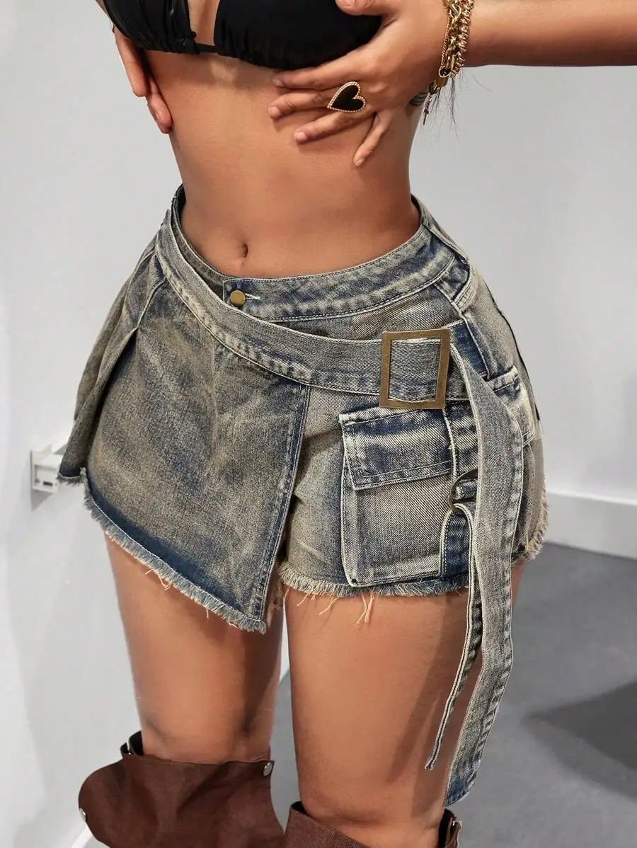 Women Casual Washed Wrap Denim Shorts With Belt And Pockets
Women Casual Washed Wrap Denim Shorts With Belt And Pockets