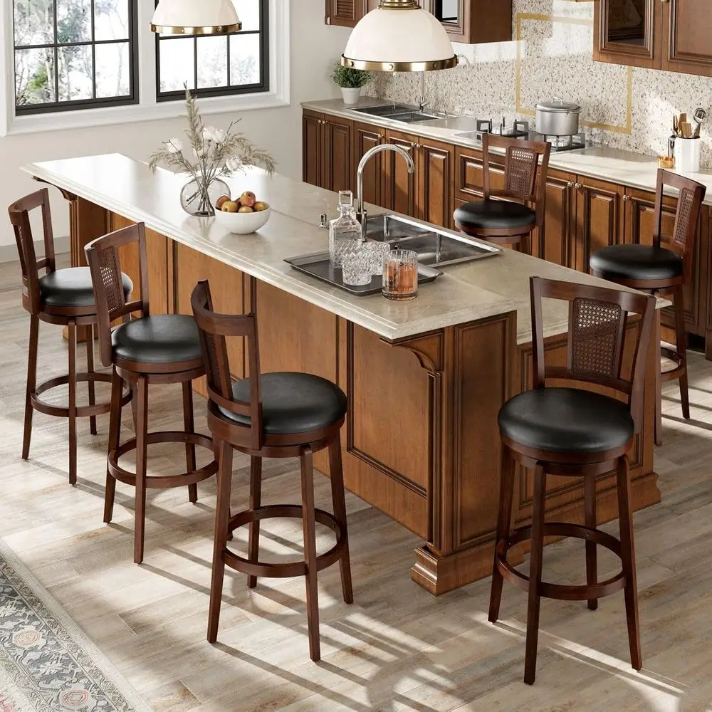 Set of 6, 30 High-Back Swivel Bar Stools with Solid Wood Legs and Brown Faux Leather Seats
Set of 6, 30 High-Back Swivel Bar Stools with Solid Wood Legs and Brown Faux Leather Seats