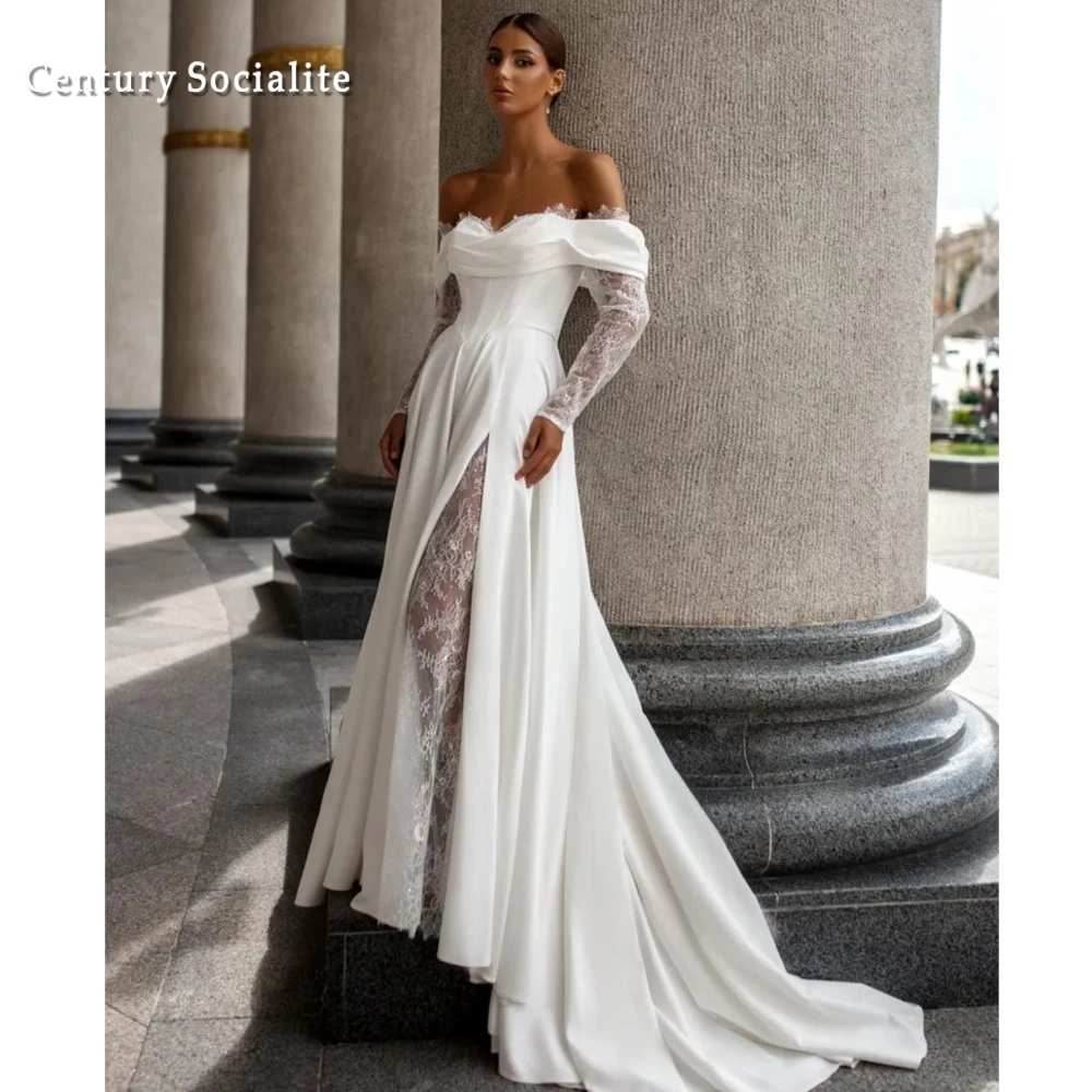Off the Shoulder Wedding Dress Long Sleeve Corset Back Front Split Lace Crepe Elegant Bridal Gowns Robe de Mariee Customized
Off the Shoulder Wedding Dress Long Sleeve Corset Back Front Split Lace Crepe Elegant Bridal Gowns Robe de Mariee Customized