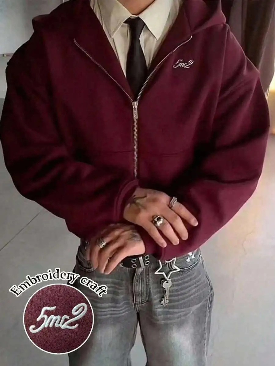 Burgundy Zip-Up Hoodie with Numeric Embroidery, Casual Long Sleeve Top for Autumn Winter
Burgundy Zip-Up Hoodie with Numeric Embroidery, Casual Long Sleeve Top for Autumn Winter