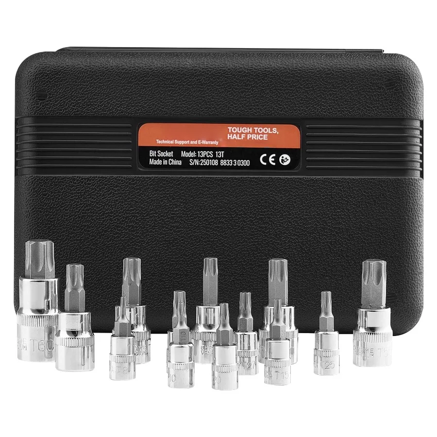 Torx Bit Socket Set 13-Piece T8-T60 for Precision Repair Work, S2 Cr-V Steel Construction, Fits 1/4 in 3/8 in 1/2 in Drives, Bl
Torx Bit Socket Set 13-Piece T8-T60 for Precision Repair Work, S2 Cr-V Steel Construction, Fits 1/4 in 3/8 in 1/2 in Drives, Bl