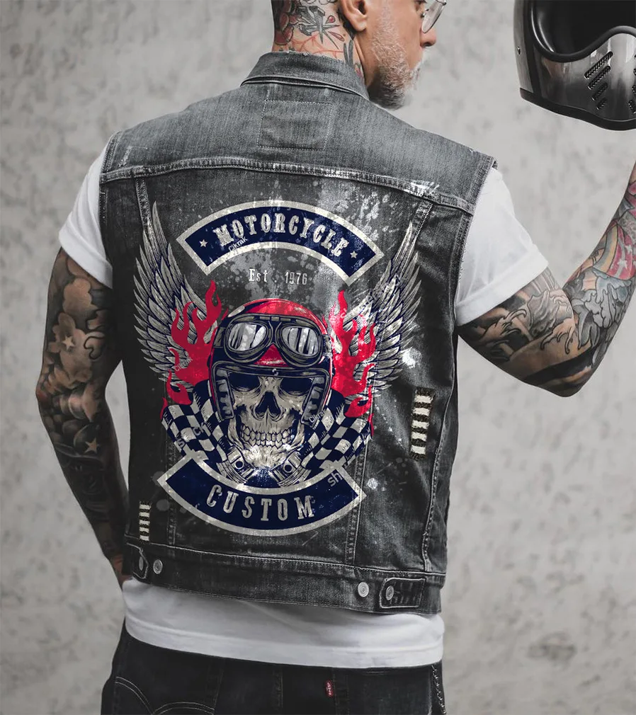 Men's Denim Jacket Sleeveless Vest Newretro Skull Bone Baseball Cap Printed Casual European And American Punk Cowboy Motorcycle
Men's Denim Jacket Sleeveless Vest Newretro Skull Bone Baseball Cap Printed Casual European And American Punk Cowboy Motorcycle
