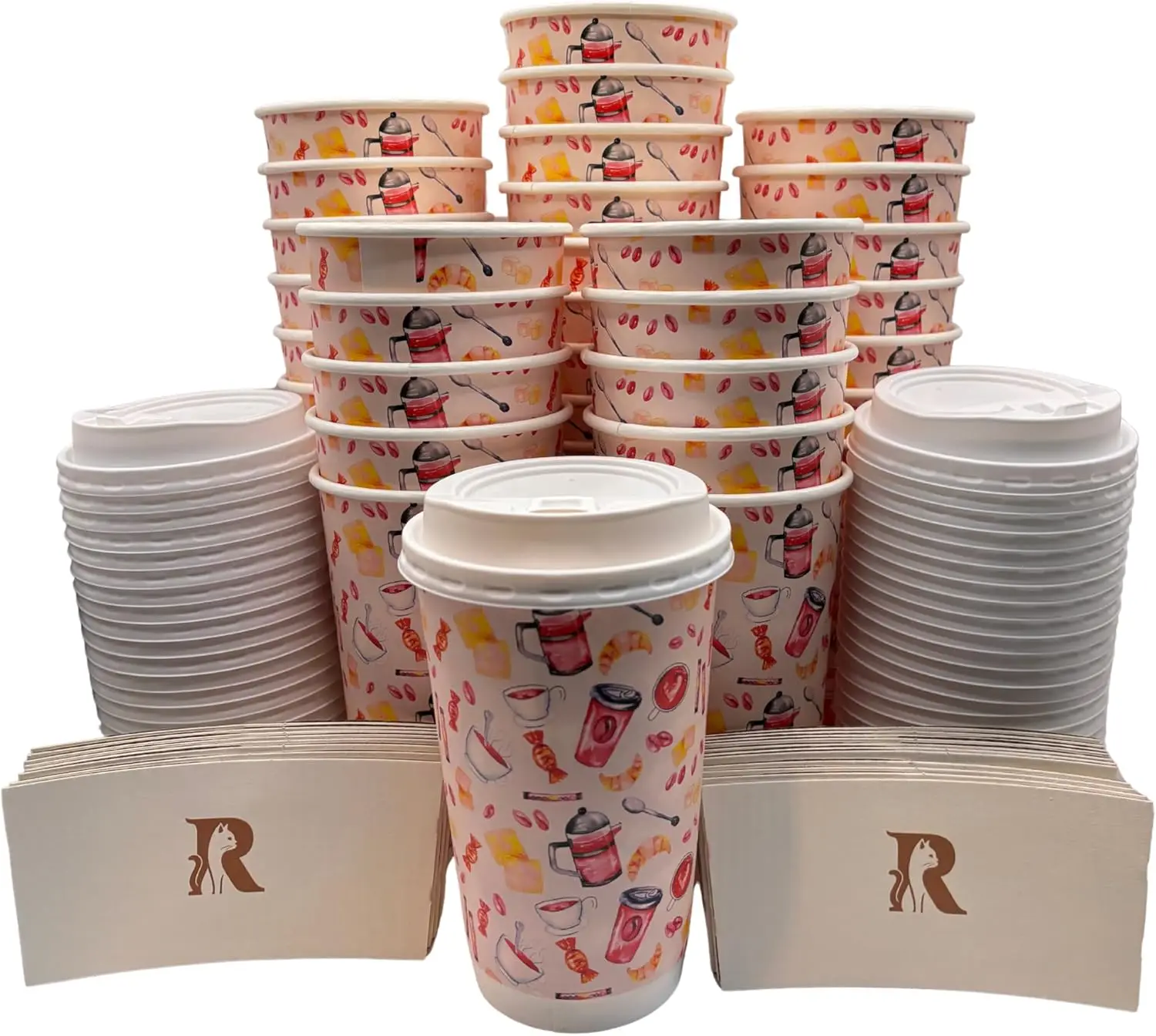 100 Pack 16oz Premium Disposable Paper Coffee Cups with Lids and Sleeves (Cute Illustration)
100 Pack 16oz Premium Disposable Paper Coffee Cups with Lids and Sleeves (Cute Illustration)