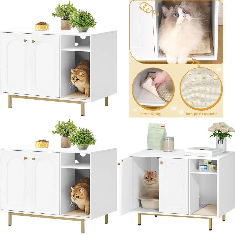 Modern White and Gold Cat Litter Box Enclosure with Storage, Indoor Wooden Cat House, Living Room Furniture
Modern White and Gold Cat Litter Box Enclosure with Storage, Indoor Wooden Cat House, Living Room Furniture
