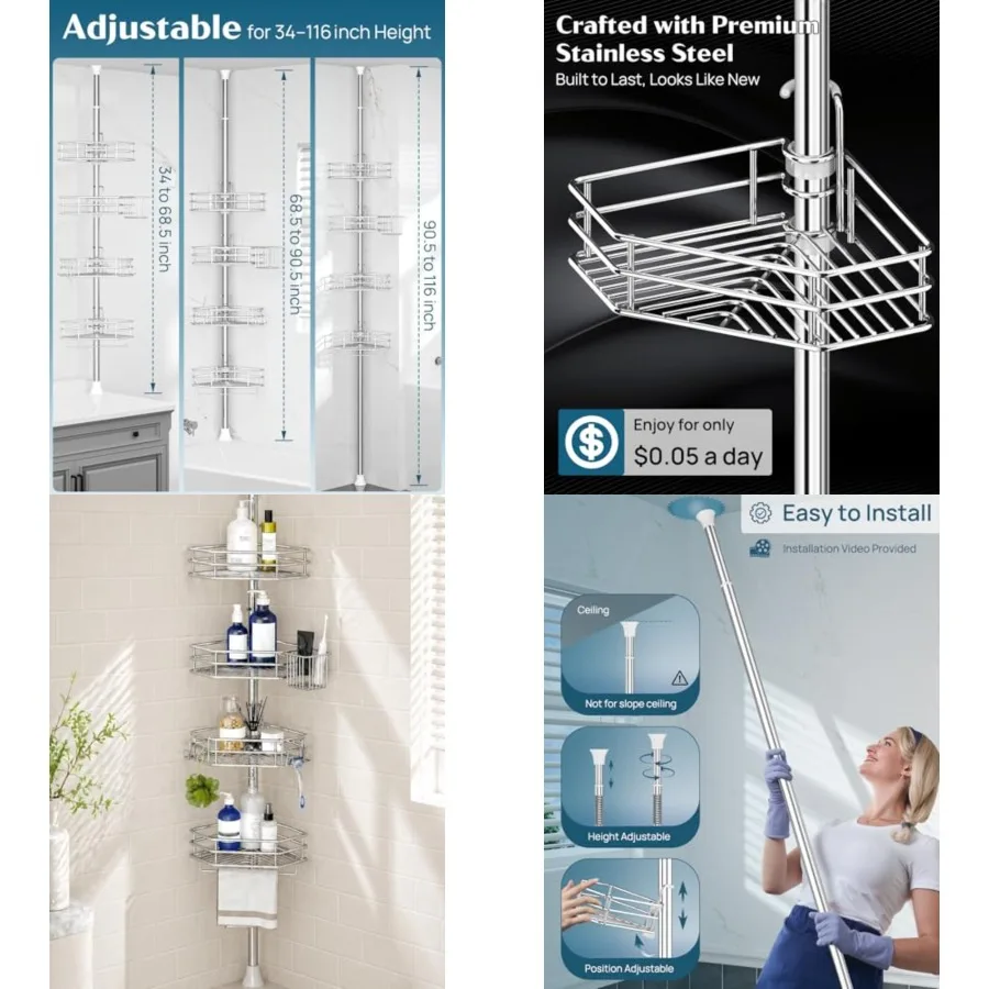 Corner Shower Caddy Tension Pole, Quick Setup, Rust-Free Bathroom Shower Organizer Corner for Bathtub Shampoo Storage, 4-Tier A
Corner Shower Caddy Tension Pole, Quick Setup, Rust-Free Bathroom Shower Organizer Corner for Bathtub Shampoo Storage, 4-Tier A