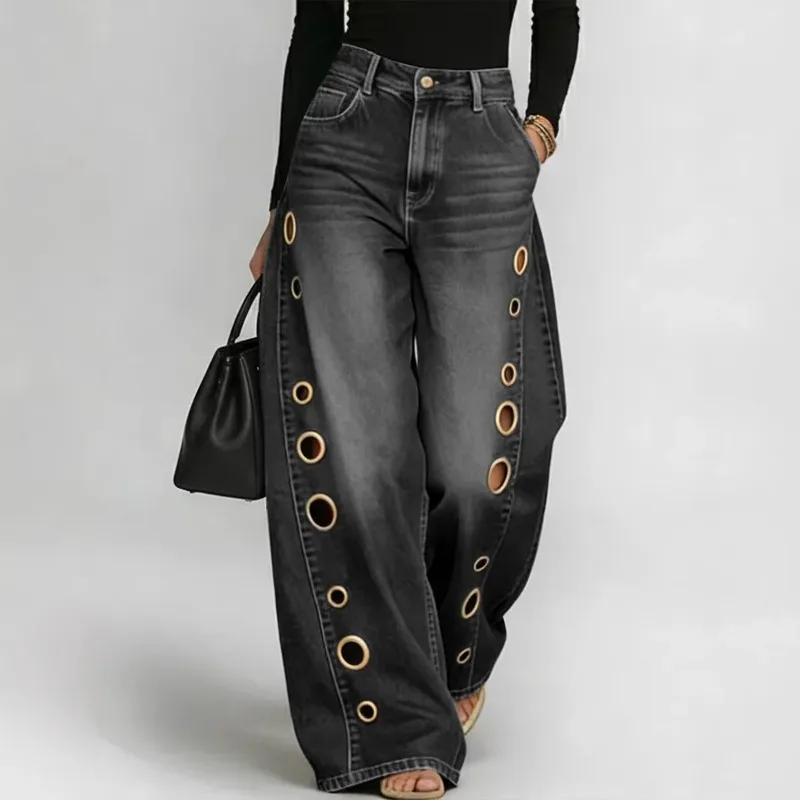 Women High Waist Wide Leg Jeans With Gold Grommet Cutouts Vintage Loose Fit Denim Pants Streetwear Trousers
Women High Waist Wide Leg Jeans With Gold Grommet Cutouts Vintage Loose Fit Denim Pants Streetwear Trousers