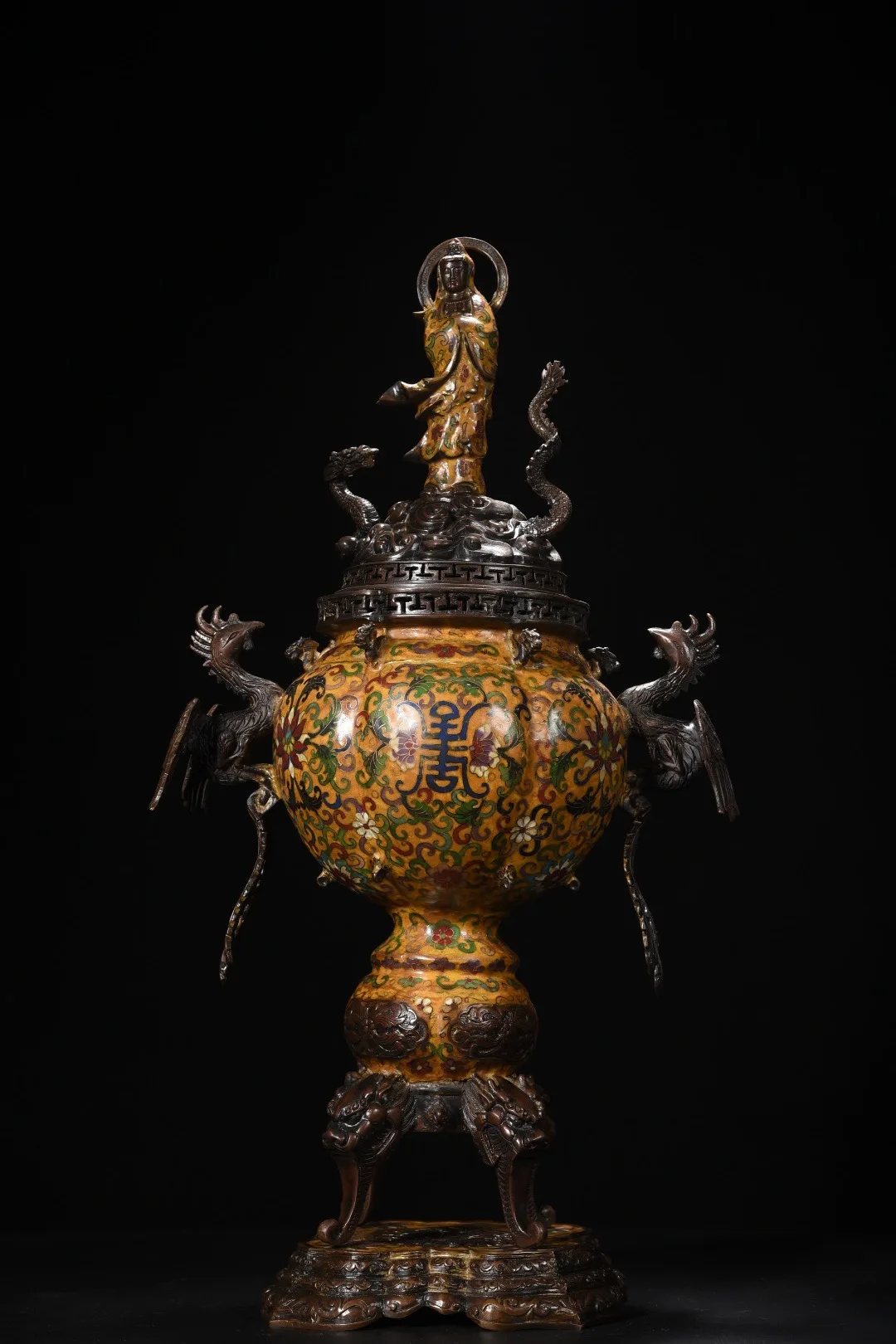 24"Collection Folk Bronze Cloisonne Enamel Guanyin Buddha Cover Dragon Ear Lotus Base Incense Burner Amass wealth Ornaments
24"Collection Folk Bronze Cloisonne Enamel Guanyin Buddha Cover Dragon Ear Lotus Base Incense Burner Amass wealth Ornaments