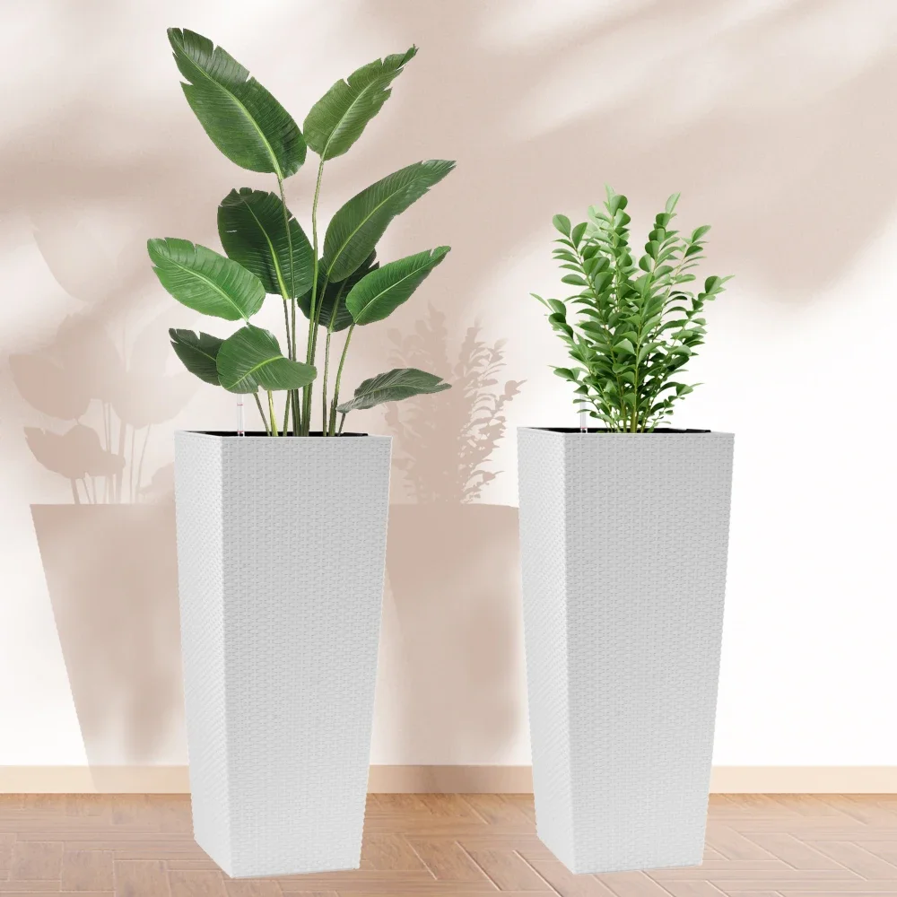 Indoor/Outdoor Modern Faux Rattan Design Square Planter, 30-Inch White Plastic Large Planter with Automatic Watering System
Indoor/Outdoor Modern Faux Rattan Design Square Planter, 30-Inch White Plastic Large Planter with Automatic Watering System