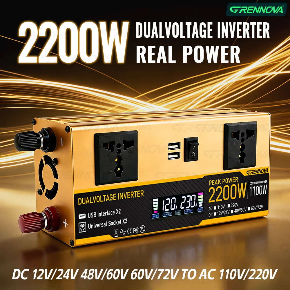 2200W Dual Voltage Power Inverter 12V/24V/48V/60V/72V DC to 110V/220V AC w/ LCD Screen CE FCC Certified for RV &Solar Off-Grid
2200W Dual Voltage Power Inverter 12V/24V/48V/60V/72V DC to 110V/220V AC w/ LCD Screen CE FCC Certified for RV &Solar Off-Grid