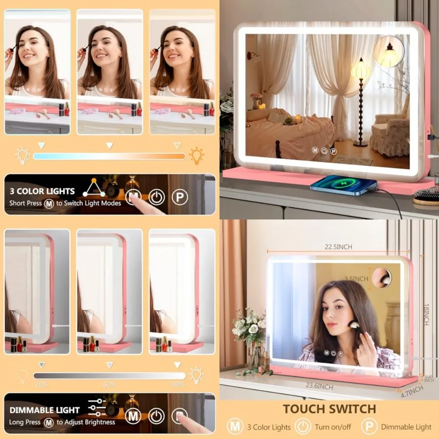 23"x18" Vanity Mirror with Lights, Led Makeup Mirror, Lighted Makeup Mirror with 3 Color Dimmable Lights, Smart Touch Screen Co
23"x18" Vanity Mirror with Lights, Led Makeup Mirror, Lighted Makeup Mirror with 3 Color Dimmable Lights, Smart Touch Screen Co