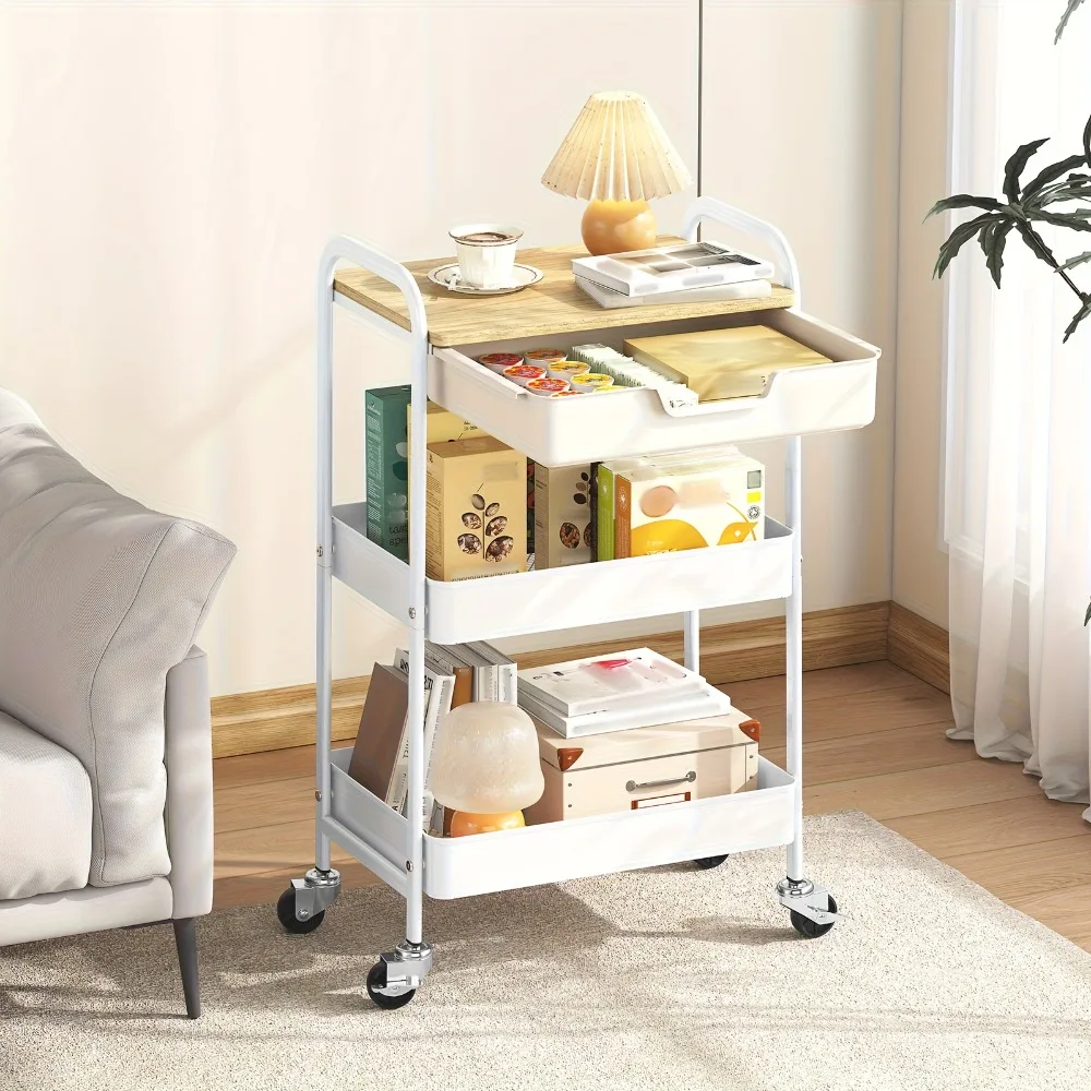 3-Tier Metal Utility Rolling Cart Featuring a Drawer And Table Top, a White Storage Trolley for Kitchen Organization, Suitable for Office, Classroom, Home, And Bedroom with Lockable Wheels
3-Tier Metal Utility Rolling Cart Featuring a Drawer And Table Top, a White Storage Trolley for Kitchen Organization, Suitable for Office, Classroom, Home, And Bedroom with Lockable Wheels