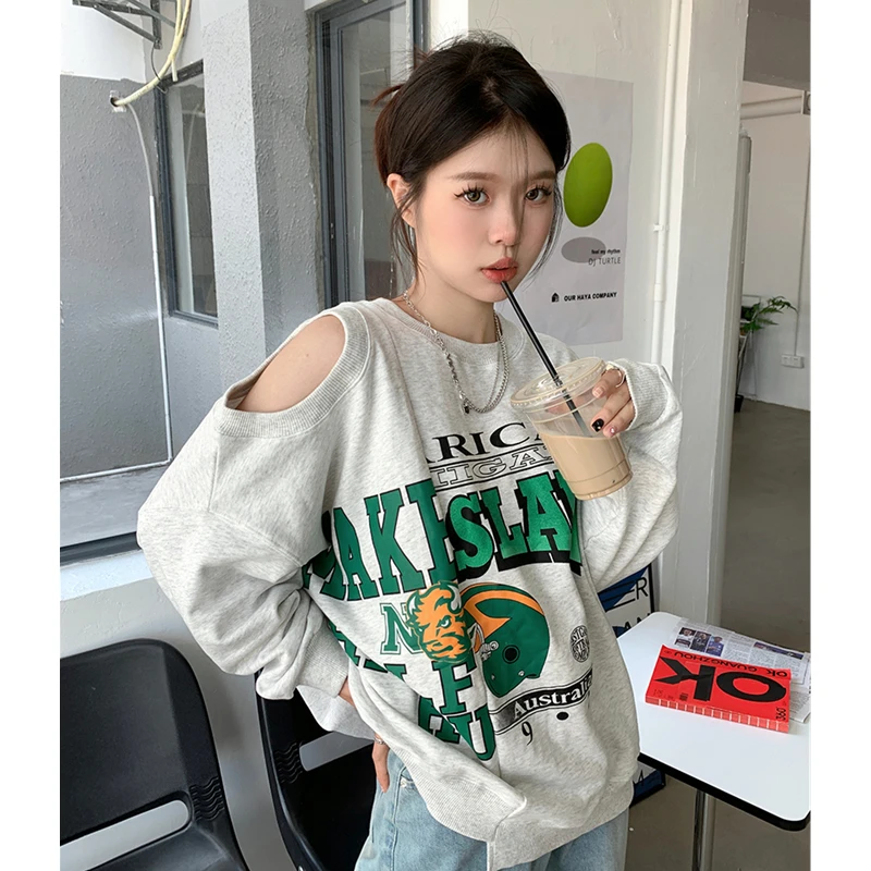 Grey Sweatshirt Women Letter Print Splicing Hollow-Carved Design Korean Fashion Hip Hop Vintage Lazy Wind Winter Tops Pullover
Grey Sweatshirt Women Letter Print Splicing Hollow-Carved Design Korean Fashion Hip Hop Vintage Lazy Wind Winter Tops Pullover