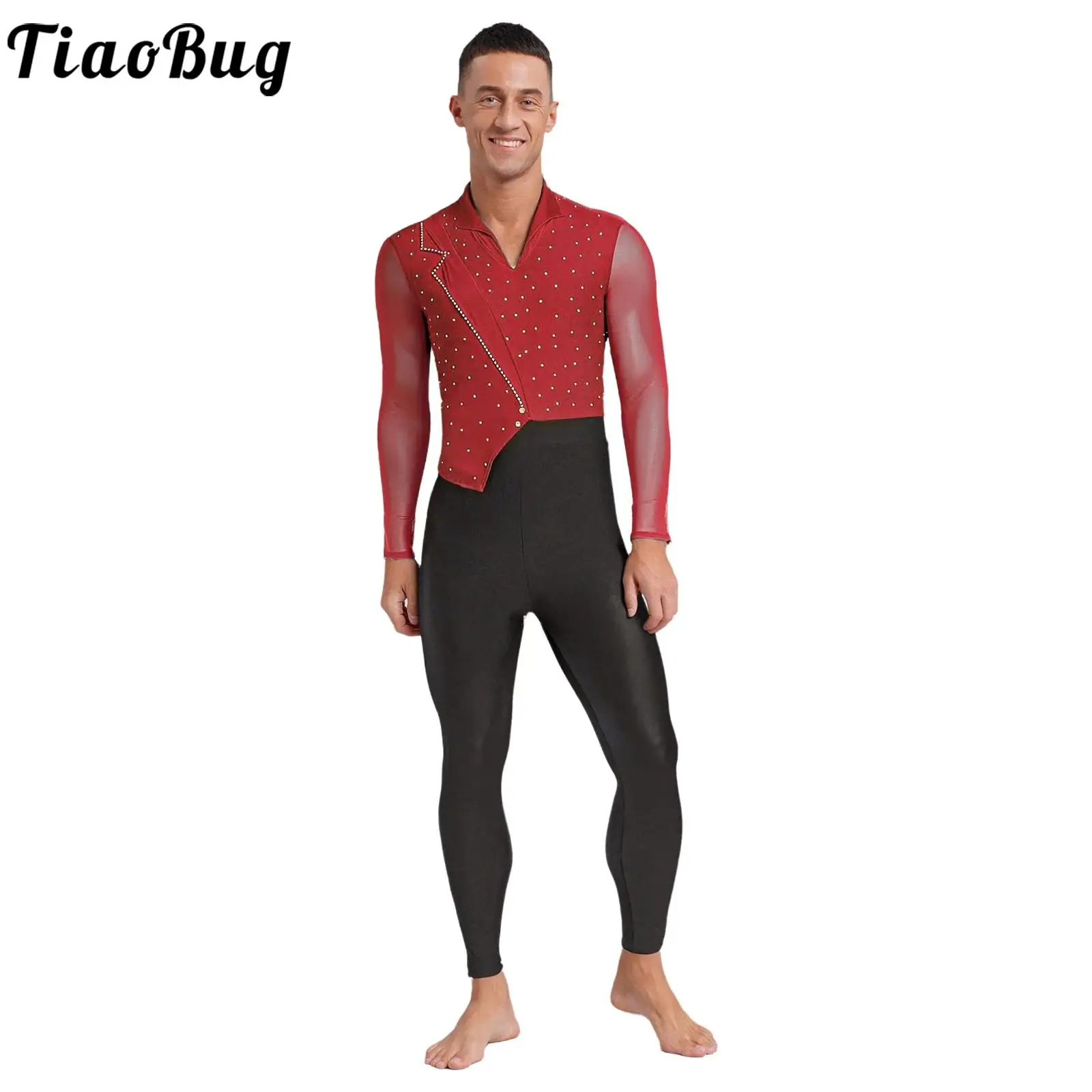 Men Asymmetrical Dance Leotard Ballet Sheer Mesh Long Sleeves Color Block Rhinestones Jumpsuit for Performance Skating Gymnastic
Men Asymmetrical Dance Leotard Ballet Sheer Mesh Long Sleeves Color Block Rhinestones Jumpsuit for Performance Skating Gymnastic