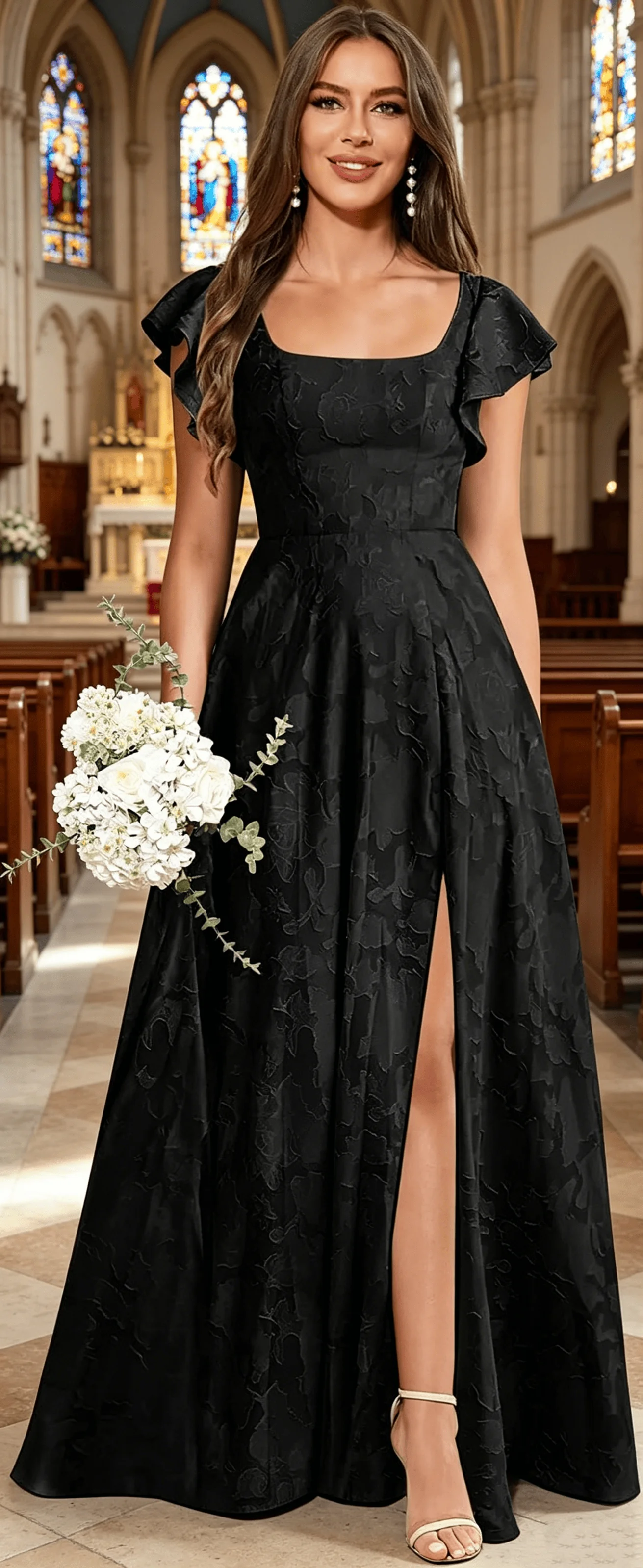 Elegant Floral Jacquard Long with Ruffle Cap Sleeves Square Neck A-Line Formal Dress with Slit Bridesmaids Dress Evening Dresses
Elegant Floral Jacquard Long with Ruffle Cap Sleeves Square Neck A-Line Formal Dress with Slit Bridesmaids Dress Evening Dresses