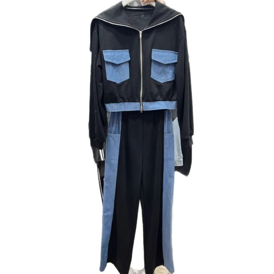 Women Spring Autumn Patchwork Zippers Denim Jacket Sailor Collar Sports Jeans Coat Double Pockets Tops+ Wide Leg Pants 2Pcs Set
Women Spring Autumn Patchwork Zippers Denim Jacket Sailor Collar Sports Jeans Coat Double Pockets Tops+ Wide Leg Pants 2Pcs Set