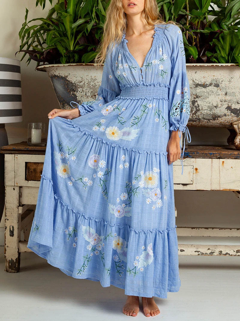 TEELYNN Blue Floral Embroidery Boho Dress for Women Casual Deep V Long Sleeve Dresses 2023 Vintage Loose Ruffles Vestidos Robe
TEELYNN Blue Floral Embroidery Boho Dress for Women Casual Deep V Long Sleeve Dresses 2023 Vintage Loose Ruffles Vestidos Robe